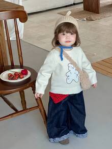 DAZY 女婴卡通熊圆领长袖毛衣，韩版秋冬 - 杏色 - 查看 4