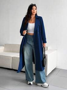 Vionelle Áo khoác trench coat dáng rộng màu trơn cỡ lớn - Màu xanh hải quân - Xem 4