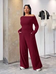 SHEIN EZwear Bộ đồ dệt kim dài tay màu đỏ rượu vang 2 món và quần dài, cỡ lớn, ôm vừa vặn - Màu Đỏ Sâu - Xem 5