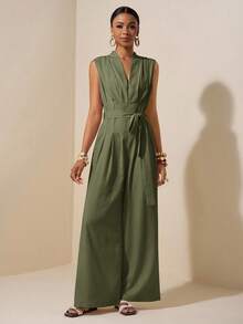 Zivah 2025春夏新款杏色无袖不对称褶皱腰带纹理亚麻连体裤-B优雅连体裤阔腿连体裤女款连体裤无袖连体裤绿色连体裤女款 - 軍綠色 - 查看 4