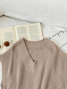 SHEIN Tween Girl Casual Loose Solid Color Oversized V-Neck Mid-Length Sweater Vest Sweater Vest For Girls Brown Sweater Vest For Girls,In Fall/Winter Girls Sweater Vest Kids Sweater Vest V Neck Sweater Vest Kids Teen Girl Sweater Vest - Khaki - View 4