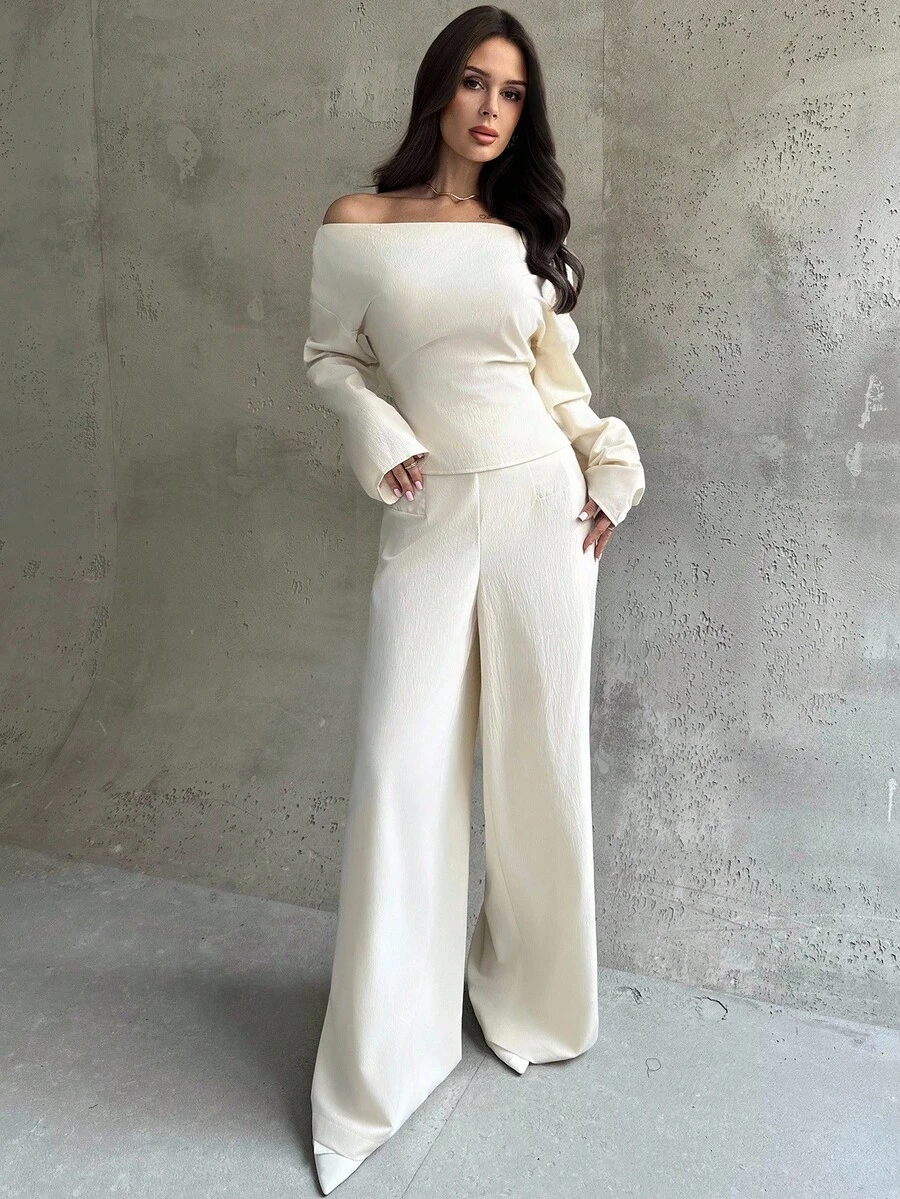 Firerie 夏季新款女士优雅休闲通勤杏色船领落肩长袖衬衫和阔腿裤套装，适合教师、返校、度假、秋季 - 杏色 - 查看 1