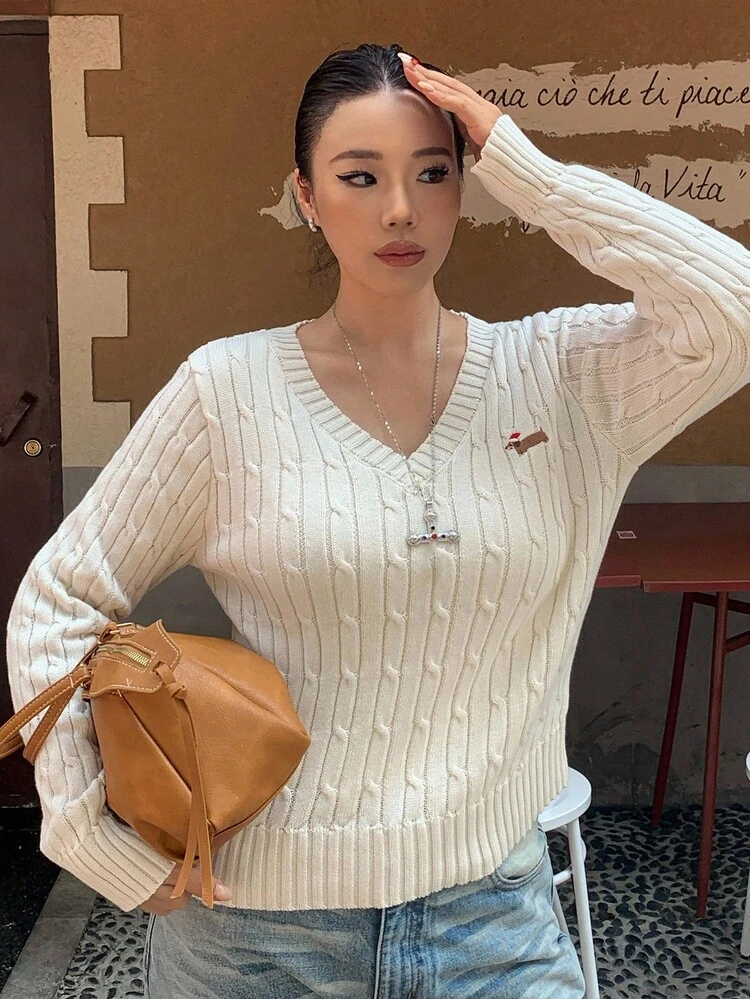 Dazy Plus Women Plus Fall Cartoon Dachshund Dog Embroidery V-Neck Cable Knit Slim Fit Long Sleeve Pullover Sweater, Spring/Autumn
