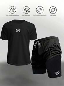 Manfinity Sport Corelite Men's Geometric Print Crew Neck Short Sleeve T-Shirt And Drawstring Waist Double Layer Shorts Sports Suit