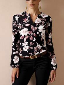 Glamance Constanza Baglietto Women Multicolour Plus Size Blouses Extra-Long Sleeve Notched Boho Plants All Over Print Plain Floral Summers Going Out Office Business Casual Fall Day Nights Women Travel Airport Streetwear Women Fall Clothes Modest Back To School Work Clothes Women Autumn And Winter Flowy Top Going Out Elegant Blouses New Year Chic Stylish Clothing Collection