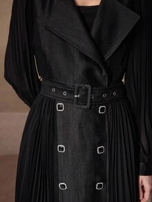 MOTF 双排扣褶裥风衣 - 黑色 - 查看 2