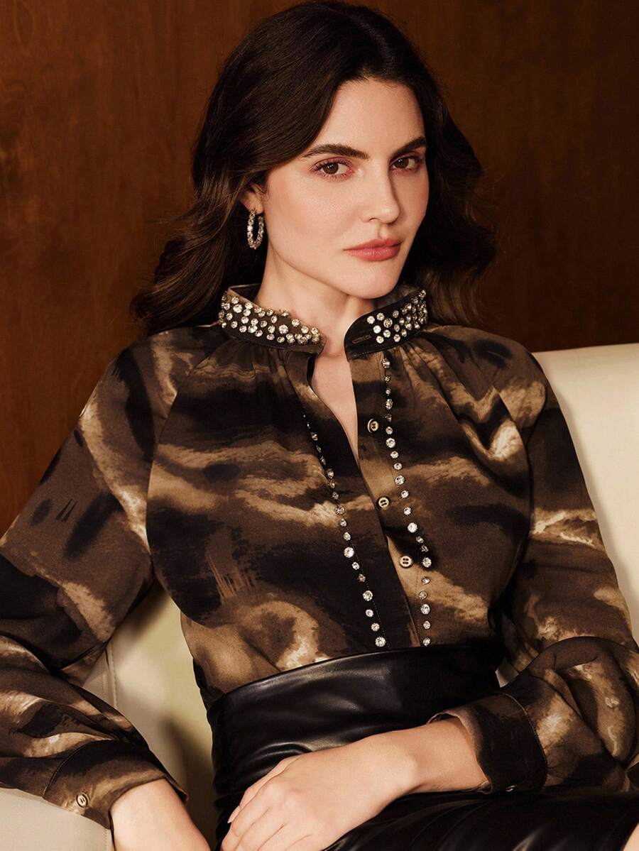 Anewsta 秋季新款现代缀饰渐变色印花女式衬衫 - 棕色 - 查看 1