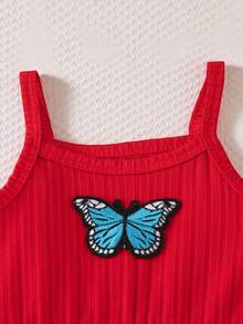 SHEIN Playful Pals 3pcs Baby Girl Summer Set: Solid Color Ribbed Romper With Butterfly Print & 3D Bow Accent, Casual & Minimalist Style - Multicolor - View 3