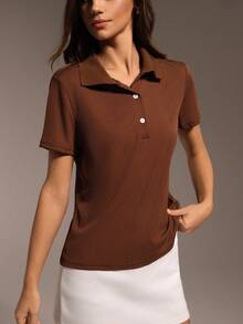 Hanevo Women's Solid Color Ribbed Polo Collar Short Sleeve Casual T-Shirt - Brown - View 7