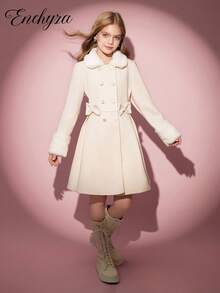 Fall Winter Vintage Tween Girls Casual Elegant Basic Coat With Fur Collar, Bow Decor, A-Line, Autumn/Winter Girls Dress Coat Girls Winter Coat Tween Dress Coat Girls Overcoat Girls Coat