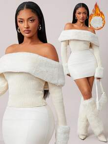 Radiana Women's Regular Faux Fur Patchwork Off Shoulder Long Sleeve Fitted Sweater In Fall/Winter - Apricot - View 2