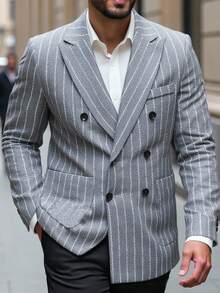 Manfinity Bizformal Men's Casual Commuter Striped Mandarin Collar Double-Breasted Suit Jacket, Autumn Sumwon Flannel - Grey - View 1