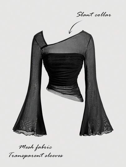 SHEIN MOD Top ajustado de manga acampanada y malla para mujer, de color negro