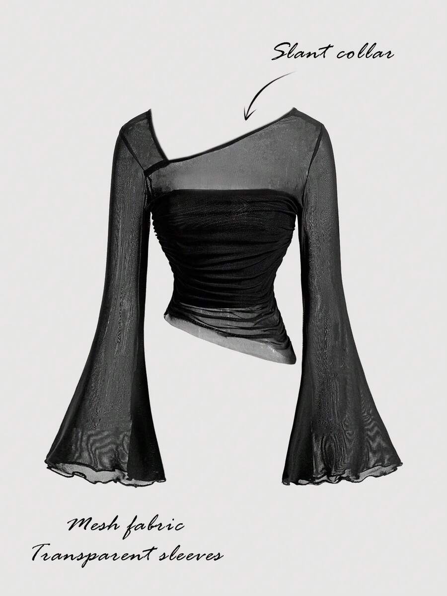 SHEIN MOD 女士黑色网纱修身喇叭袖上衣，黑色网纱喇叭袖上衣，秋季，万圣节服装，工作，波西米亚风，教师，褶皱上衣，长袖上衣 - 黑色 - 查看 1