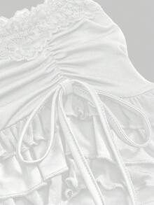 ROMWE Grunge Punk 复古分层豹纹蕾丝花边低腰性感荷叶边系带蝴蝶结迷你裙，适合女士春假、音乐会、节日、情人节 - 白色 - 查看 3