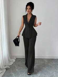 Elenzga 无袖西装外套领口收腰优雅浪漫女士套装 - 黑色 - 查看 3