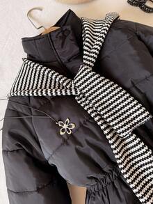 SHEIN Teen Tween Girl Black Winter Long-Sleeved Mid-Length Padded Coat, Modest Hike Outdoor Snow Coat With Classic Striped Scarf Decoration And Snug Fit Belt - Black - View 5