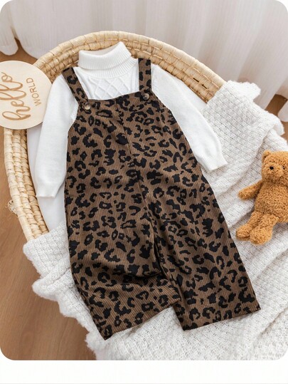 SHEIN Babygirl Cute Leopard Print Jumpsuit, Versatile For Autumn/Winter Street Style Fall