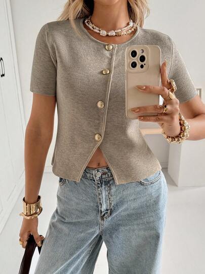 Siren Gaze 女式纯色单排扣短袖休闲针织轻便开衫，秋季