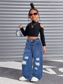 SHEIN 年轻女孩 Y2K 休闲蓝色破洞宽松牛仔裤，女童春夏休闲度假流浪汉牛仔裤