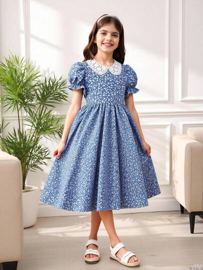 SHEIN Tween Girl Digital Print Dress, White Base With Ditsy Floral Pattern, Collar With Flower, Puff Sleeve, Elegant And For Summer Vacation