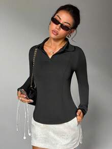 Dewbera Women's Basic Long Sleeve Polo Collar Yoga Top - Black - View 5