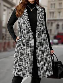 EMERY ROSE 大码女式秋冬口袋格子翻领休闲长款背心夹克 - 黑色 - 查看 1