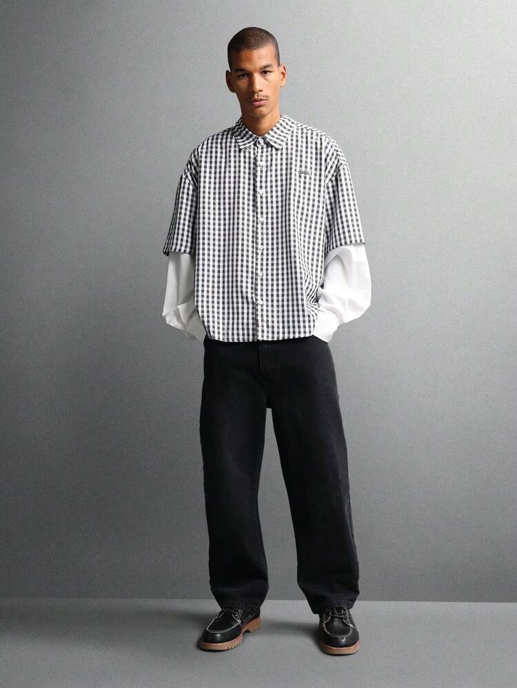 ギンガムチェックの長袖ボタンダウンシャツ
