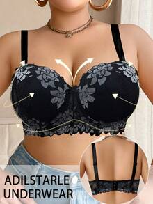 SHEIN 1 件大码女士蕾丝蝴蝶结装饰时尚钢圈文胸，提升型 - 黑色 - 查看 6
