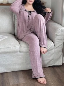 Dazy Plus 2pcs Plus Size Women Elegant Loose Fit Thickened Fleece Pajama Set, Autumn/Winter, Fall Winter Clothes, Cozy - Pink - View 4