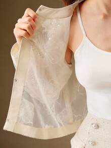 Anewsta 3D Beaded Floral Sheer Collar Handmade Sequins Round Neck H-Line Long Sleeve Jacket, Suitable For Fall, Winter, Spring, New Year, Party, Wedding, Elegant, Chic, Stylish, Christmas, Festival, Holiday, Casual Wear