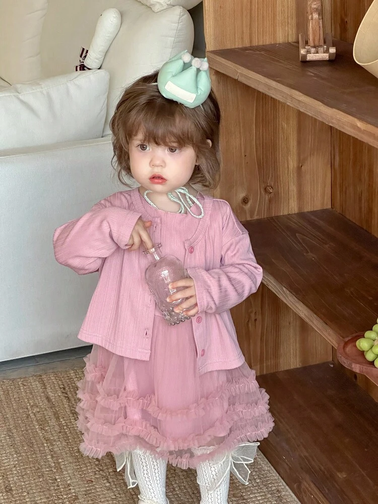 Baby Girls Casual Korean Style Cardigan Jacket & Mesh Midi Dress Set Fall,Winter Toddler Girls Clothes