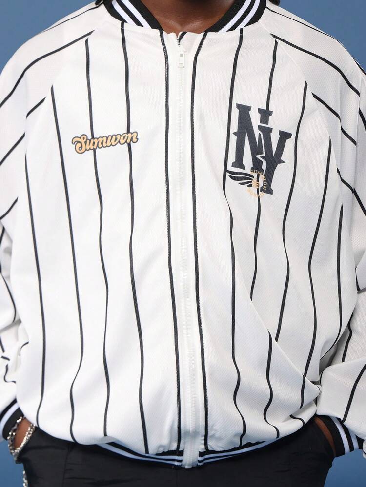 Pinstripe Baseball Varsity Bomber Jacket With Mesh Design