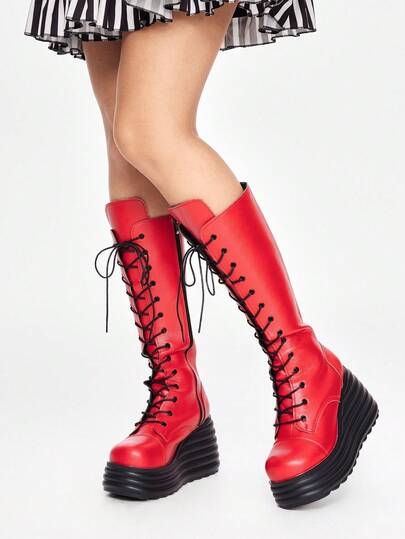 Grunge Punk Stivali alti da donna con punta tonda, lacci e cerniera laterale, stile punk, colore rosso vino, suola platform spessa, nuovi per l'autunno/inverno 2024