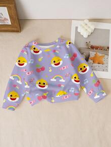 BABY SHARK X SHEIN Baby Girl Casual Everyday Commute Cute Cartoon Shark Print Pullover Sweatshirt, Suitable For Spring & Autumn Toddler Sweatshirt Girl Baby Girl Long Sleeve Top Baby Girls Sweatshirts - White - View 1