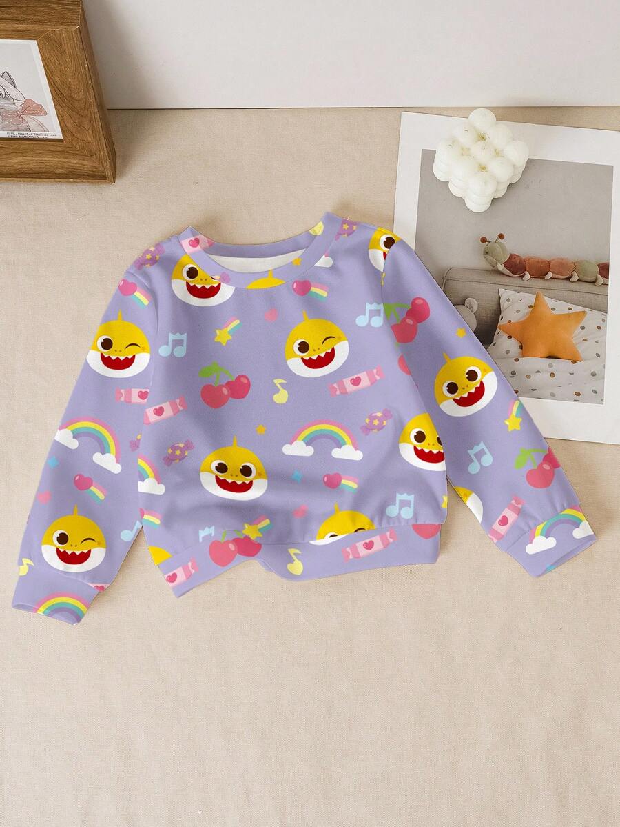 BABY SHARK X SHEIN Baby Girl Casual Everyday Commute Cute Cartoon Shark Print Pullover Sweatshirt, Suitable For Spring & Autumn Toddler Sweatshirt Girl Baby Girl Long Sleeve Top Baby Girls Sweatshirts - White - View 1