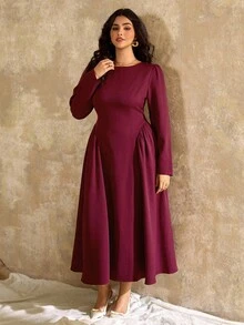 Roveilla 大码女式优雅法式浪漫复古办公室通勤街头风格下午茶派对感恩节返校方领 A 字长袖超长连衣裙，腰带蝴蝶结和泡泡袖 - 紫紅色 - 查看 3