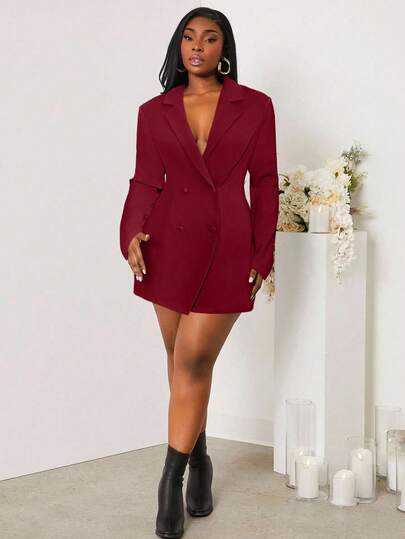 SHEIN SXY Plus Size Women Solid Color Lapel NeckLong Sleeve Double-Breasted Sexy Blazer Dress In Fall/Winter