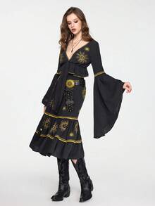 ROMWE EDITION 2pcs/Set Casual Vacation Mysterious Star & Moon Embroidery Top And A-Line Skirt Set For Women - Black - View 5