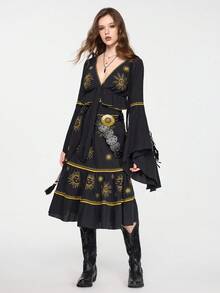 ROMWE EDITION 2pcs/Set Casual Vacation Mysterious Star & Moon Embroidery Top And A-Line Skirt Set For Women - Black - View 6