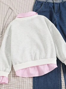 青少年女孩运动衫，休闲学院风百搭，二合一运动衫衬衫领数字和字母印花豹纹宽松加州运动衫女孩长袖运动衫儿童灰色运动衫儿童服装 - 粉色 - 查看 2