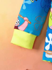 SpongeBob SquarePants | SHEIN 2pcs/Set Young Boy Ocean Pattern Round Neck Long Sleeve Top And Pants Knit Comfortable Casual Stretchy Pajama Set