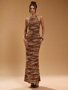 SHEIN BAE Elegantes extralanges Kleid für Damen, einfarbiges Kleid mit Kunstpelz/Kunstkaschmir-Pailletten, rückenfreies Design, für Herbst/Winter - Verschiedenfarbig - Übersicht 2