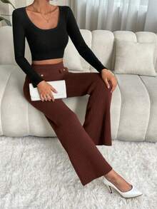 Xyvia Elegant Camel Color Skinny Flare Pants, Autumn/Winter - Rust Brown - View 4