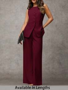 SHEIN Tall CURVE Plus Size Women's Solid Color Round Neck Single-Breasted Vest And Pants Elegant Commuter Suit, Fall Fall Women Clothes Women Set Office Wear Business Casual Women Two Pieces Outfits Fall Women Office Wear Women Set Women Blazers Set,Fall Clothes For Women Curve Fall Clothes Curve 2 Pieces Outfits Plus Size Formal Curve Formal Tall Curve Women Clothes Autumn