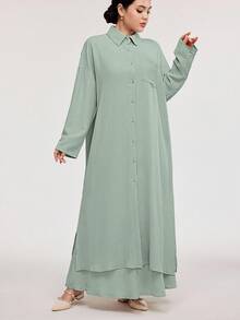 Veilorie 2 件套女士春夏纯色落肩口袋宽松长款衬衫和 A 字裙休闲装 2 件套 - 綠色 - 查看 3