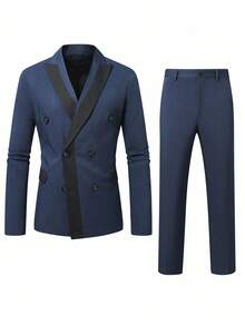 Manfinity Mode Bộ vest công sở tay dài hai hàng khuy màu tương phản dành cho nam - Màu xanh hải quân - Xem 3