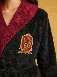 HARRY POTTER X SHEIN 女士交叉裹身撞色刺绣系带长袖长袍，秋冬款