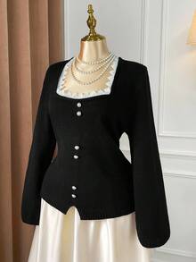 SHEIN Unity Never Out Of Style, Kooky Elegance Collection (Woe Is Me Vibes)(Wednesday Aesthetic) Plus Size Fashionable Elegant Tight Lace Collar Button Black Sweater Winter Fall Autumn - Black - View 5