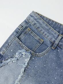 ROMWE MEN Street Life 男士做旧牛仔短裤，带口袋和水钻星星装饰 - 藍色 - 查看 3